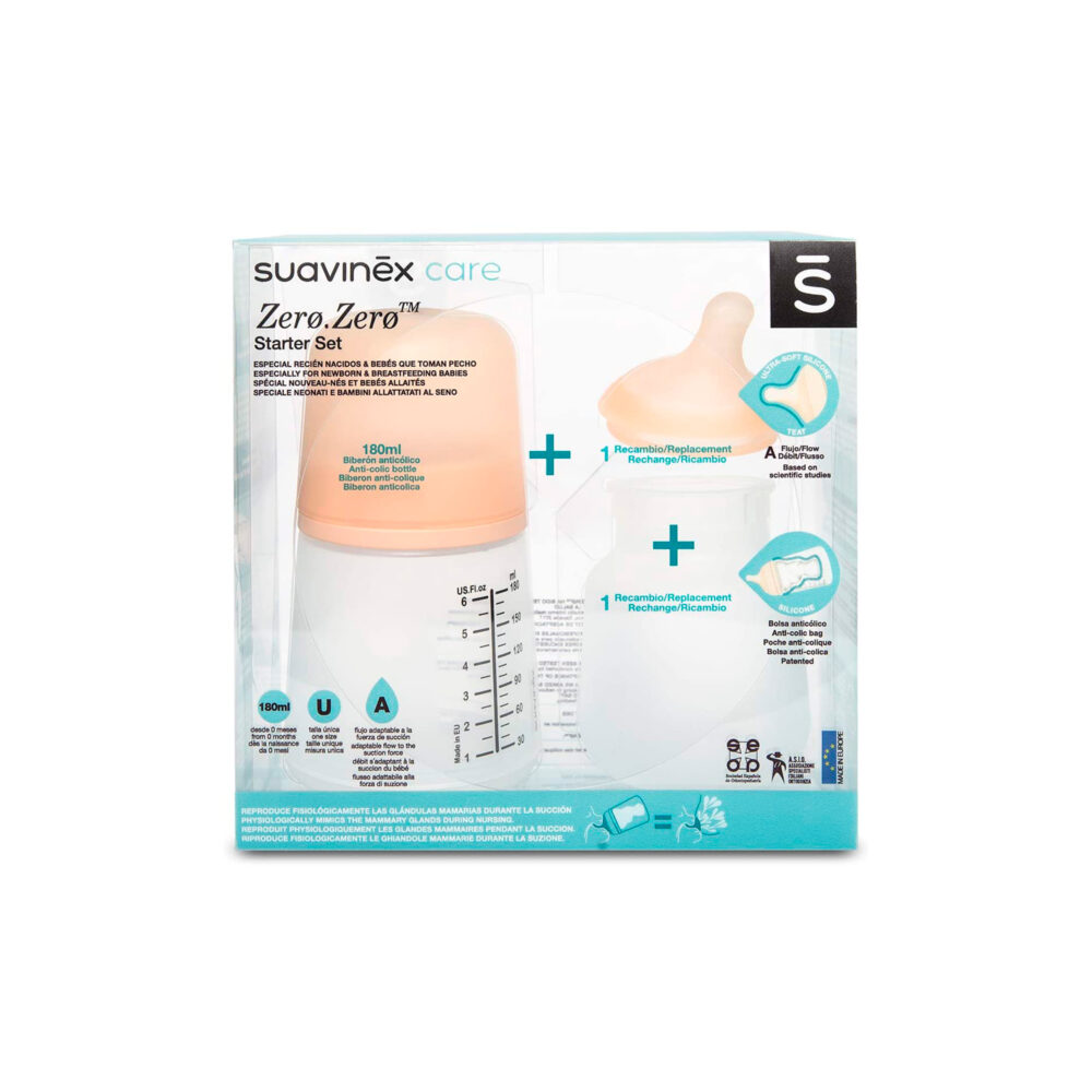 SET STARTER ZERØ.ZERØ™ BIBERÓN ANTICÓLICO + TETINA FLUJO ADAPTABLE DE 180 ML SUAVINEX