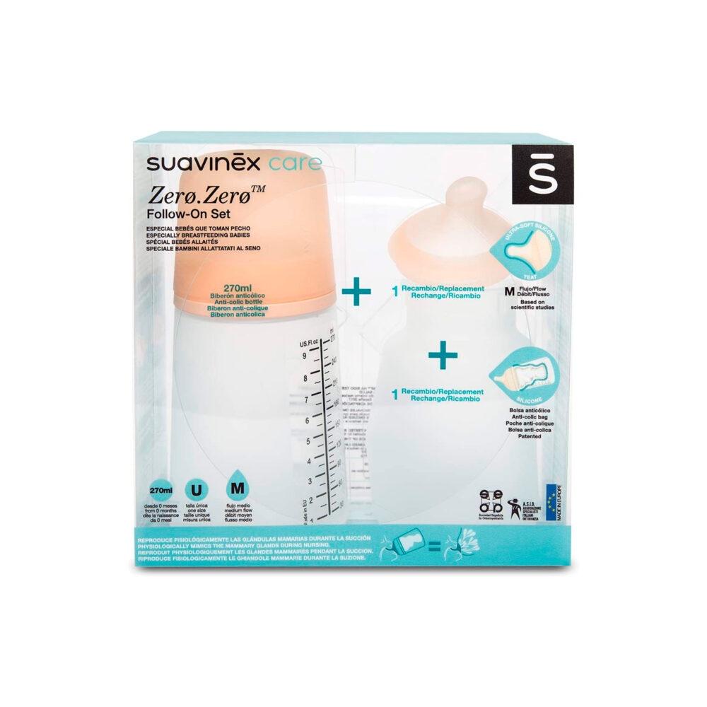 SET STARTER ZERØ.ZERØ™ BIBERÓN ANTICÓLICO + TETINA FLUJO MEDIO DE 270 ML SUAVINEX