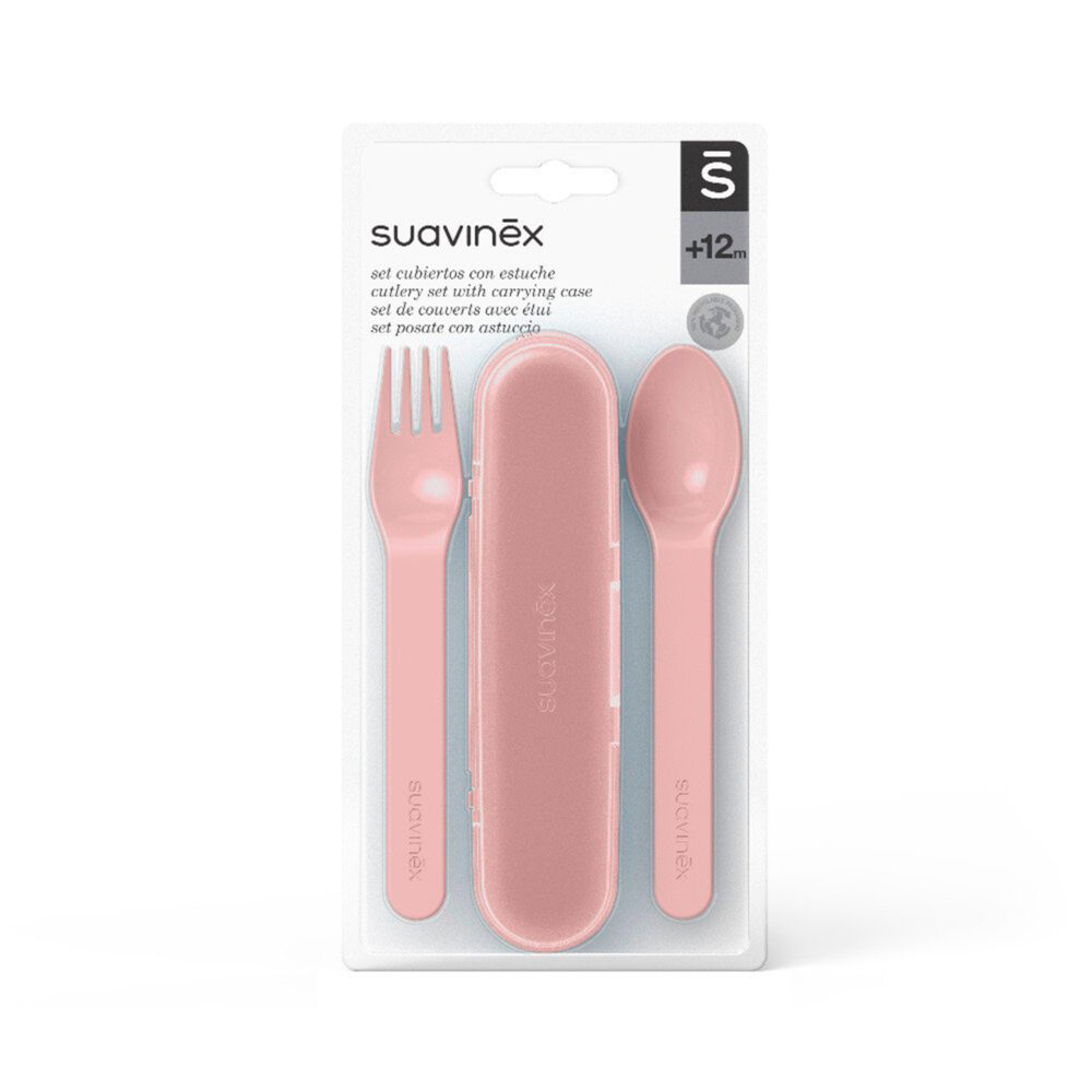 SET DE CUBIERTOS CUCHARA Y TENEDOR + ESTUCHE DE 12 MESES A MÁS COLOR ROSADO SUAVINEX