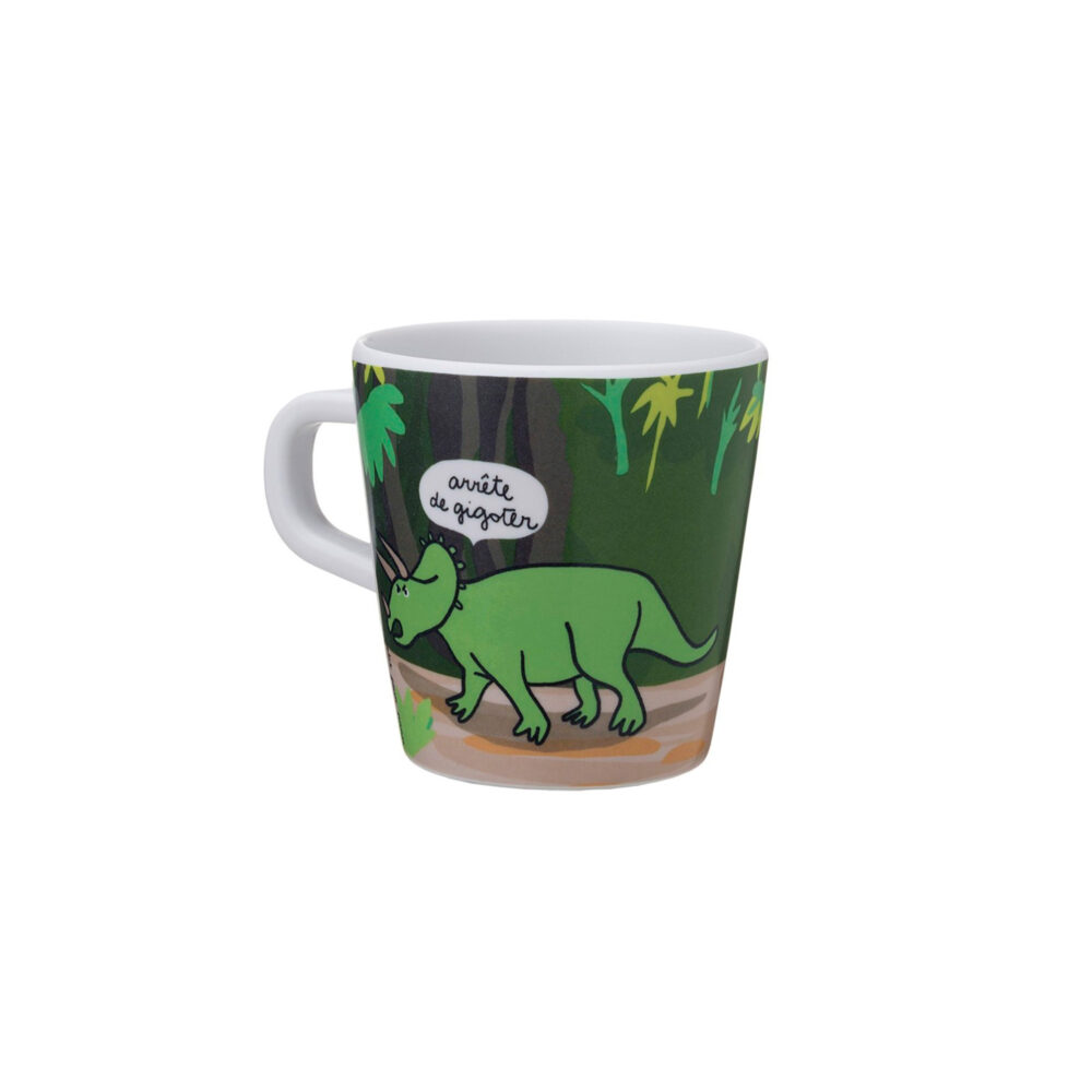 TAZA PEQUEÑA DE MELAMINA COLECCIÓN LES DINOSAURES »NE PARLE PAS LA BOUCHE PLEINE …» PETIT JOUR