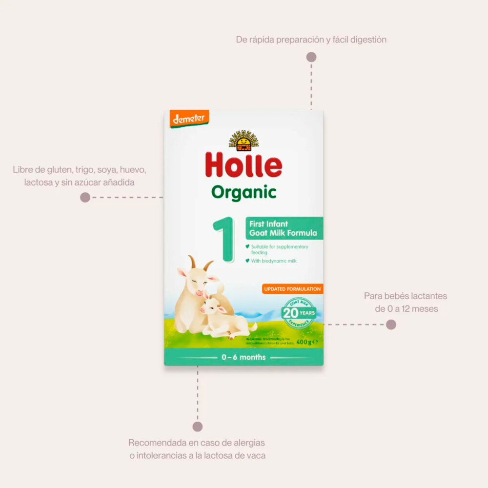 FÓRMULA ORGÁNICA PARA LACTANTES CON DHA & ARA EN BASE A LECHE DE CABRA DE 0 A 12 MESES 400 GR HOLLE BABY FOOD