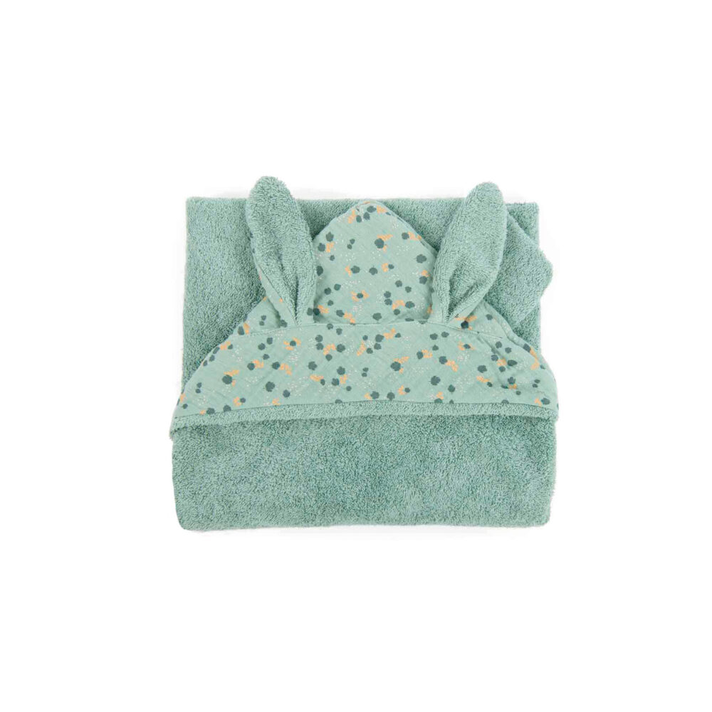 TOALLA DE BAÑO DE ALGODÓN CON CAPUCHA 80 X 80 CM COLECCIÓN TRES CONEJITOS