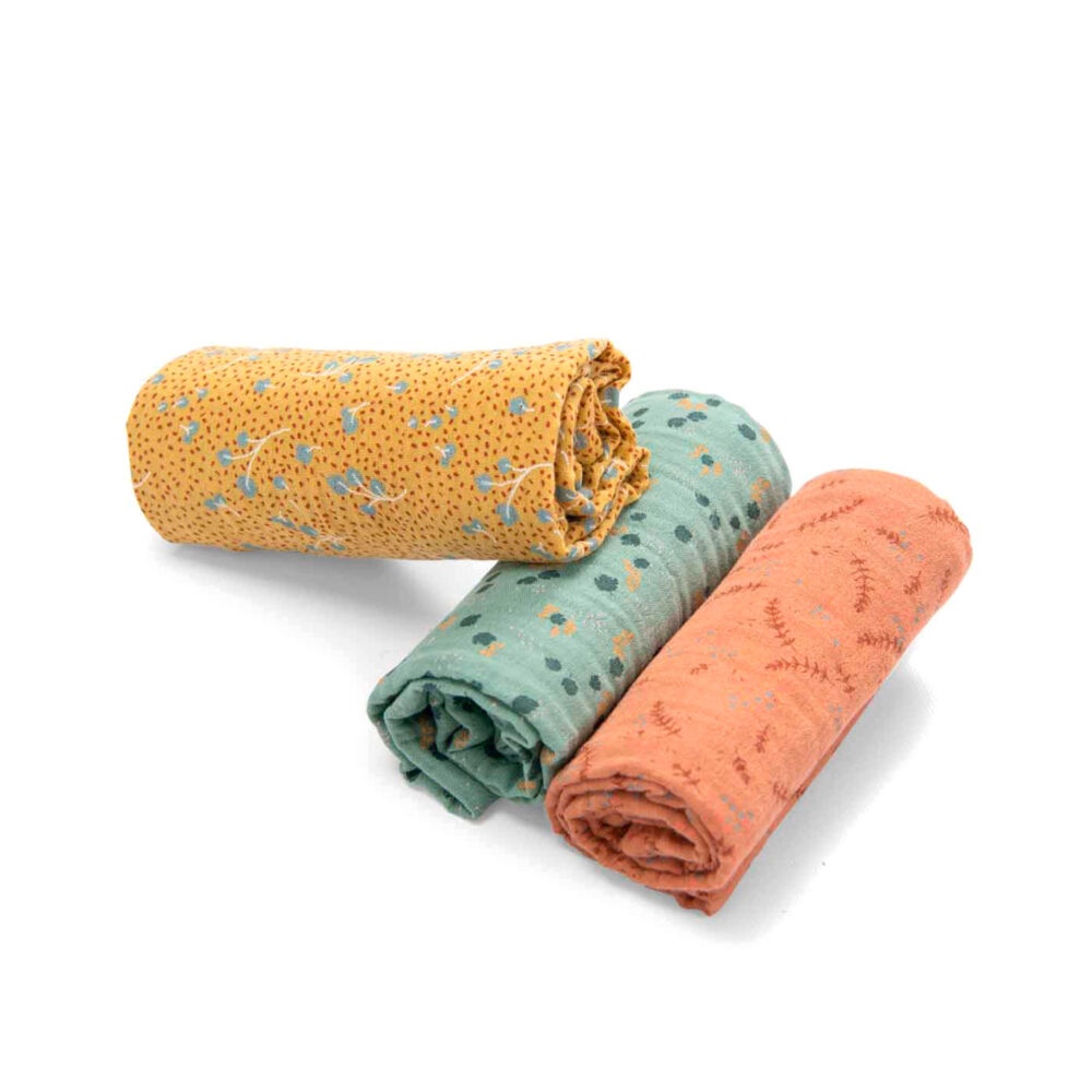 SET DE 3 MUSELINAS ESTAMPADO DE 70 X 70 CM COLECCIÓN TRES CONEJITOS