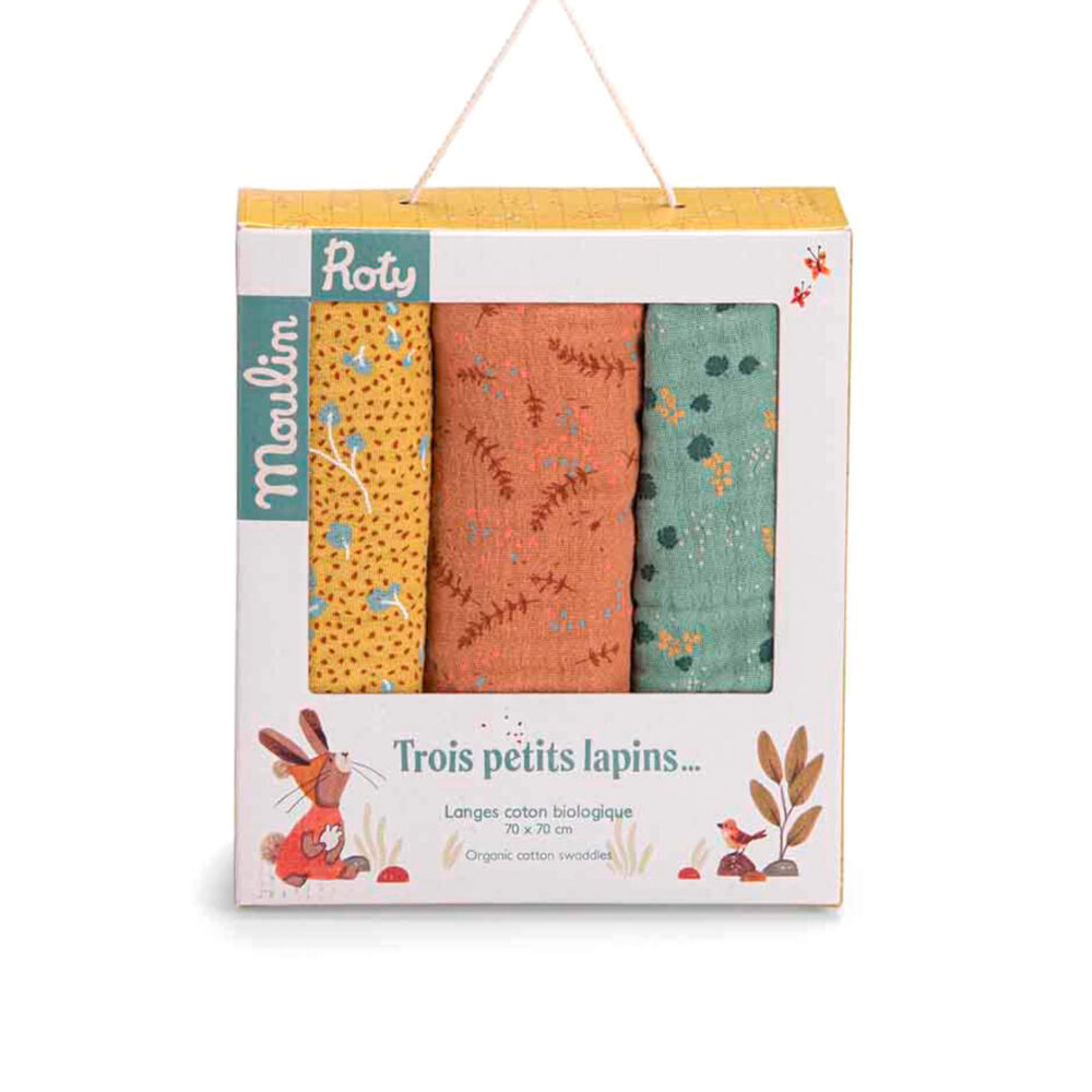 SET DE 3 MUSELINAS ESTAMPADO DE 70 X 70 CM COLECCIÓN TRES CONEJITOS
