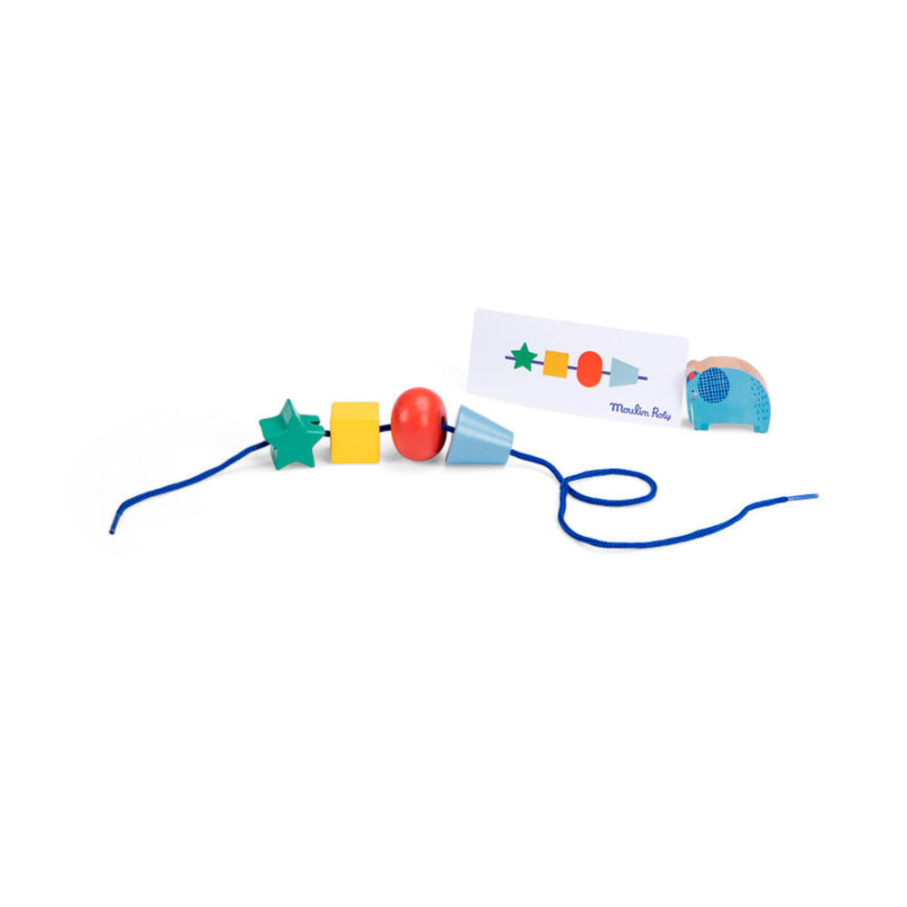 JUEGO DE CUENTAS DE MADERA PARA ENSARTAR DE COLORES Y FORMAS COLECCIÓN LES TOUPITIS