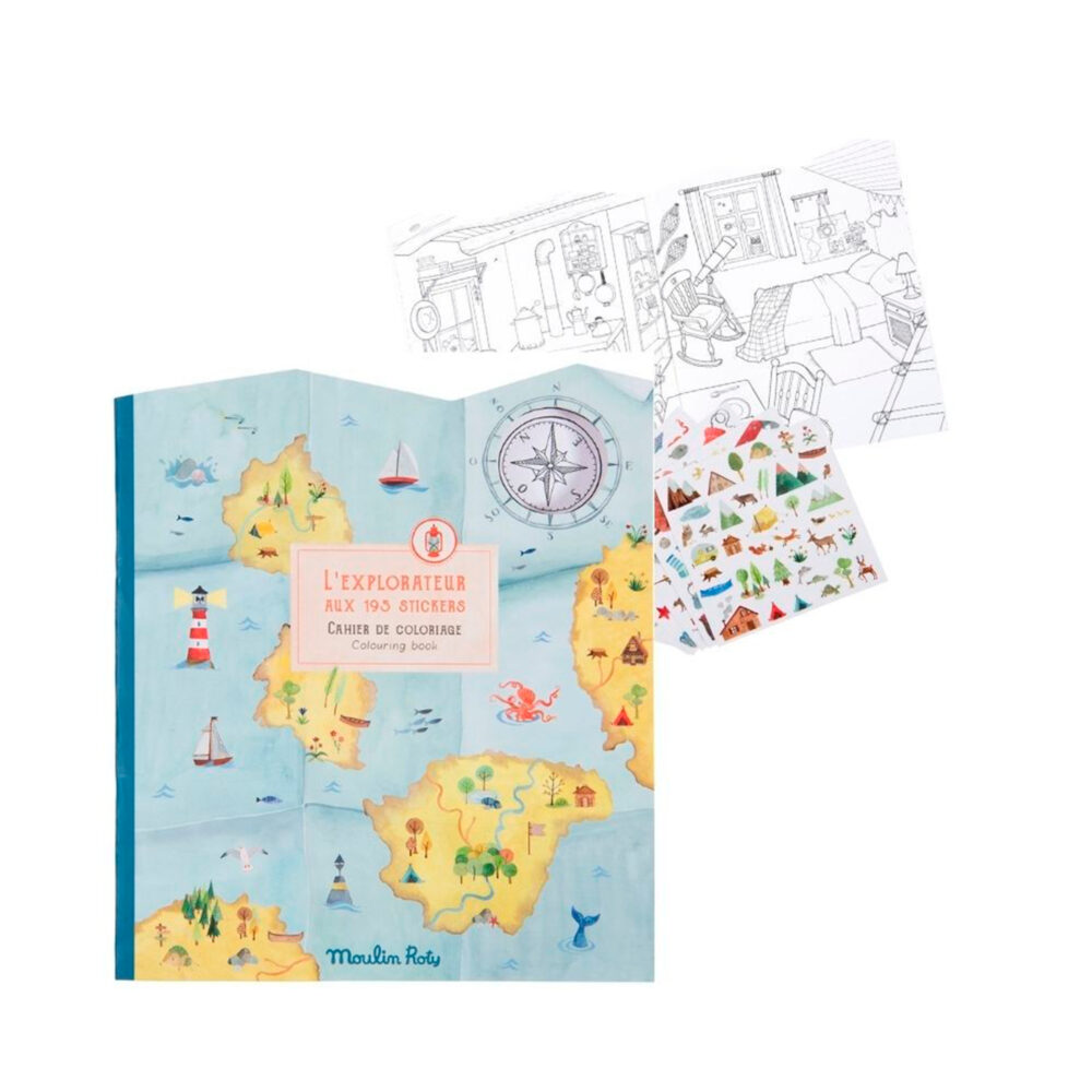 LIBRO DE EXPLORADOR PARA COLOREAR DE 20 PÁGINAS CON STICKERS COLECCIÓN LE JARDIN DU MOULIN