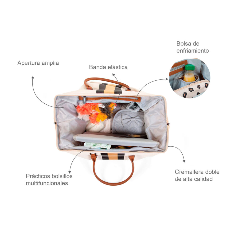 BOLSO CAMBIADOR MOMMY BAG DE 58 LITROS OFF WHITE STRIPES BLACK/GOLD CHILDHOME