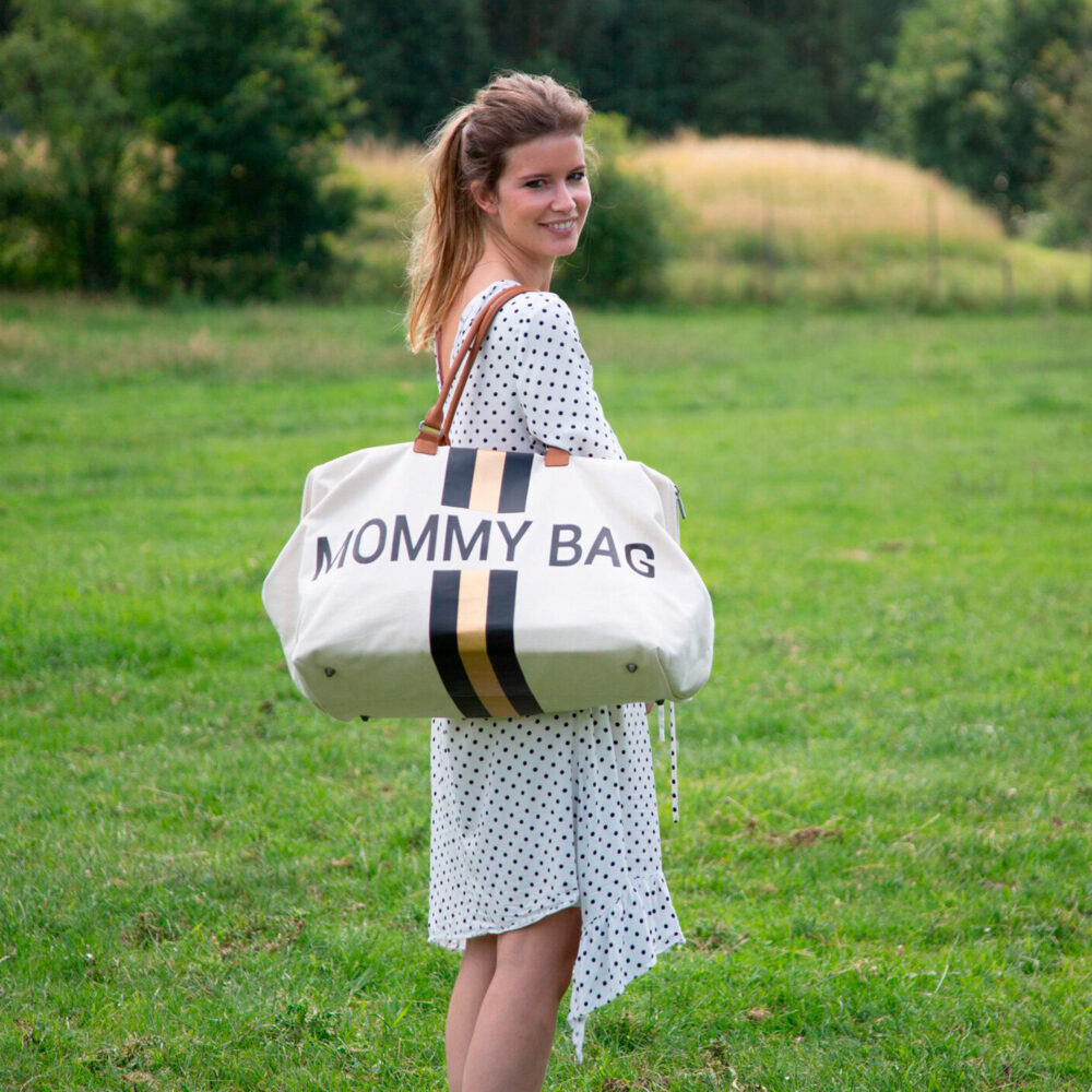 BOLSO CAMBIADOR MOMMY BAG DE 58 LITROS OFF WHITE STRIPES BLACK/GOLD CHILDHOME