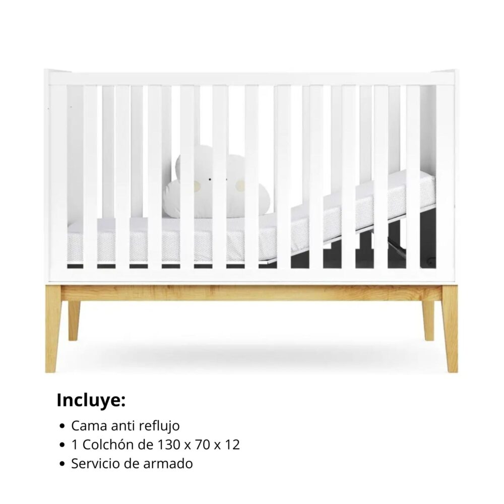 Cuna anti reflujo 2 en 1 Mod. Amor Perfecto de 130 x 70 cm color blanco satinado + 1 colchón - DIVICAR