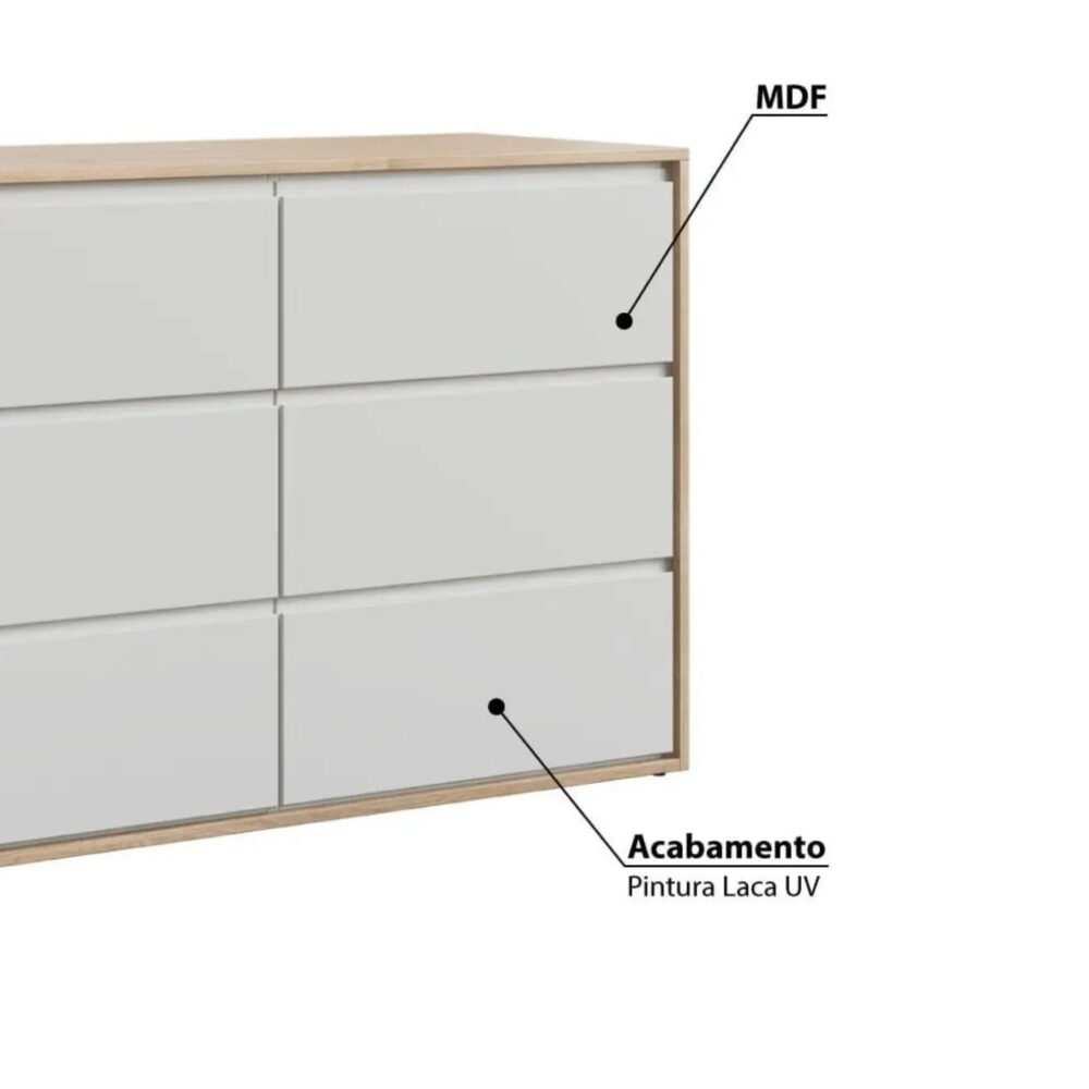 Cómoda de 6 cajones color blanco con treviso Mod. Wood de 138 x 90 x 54 cm - DIVICAR