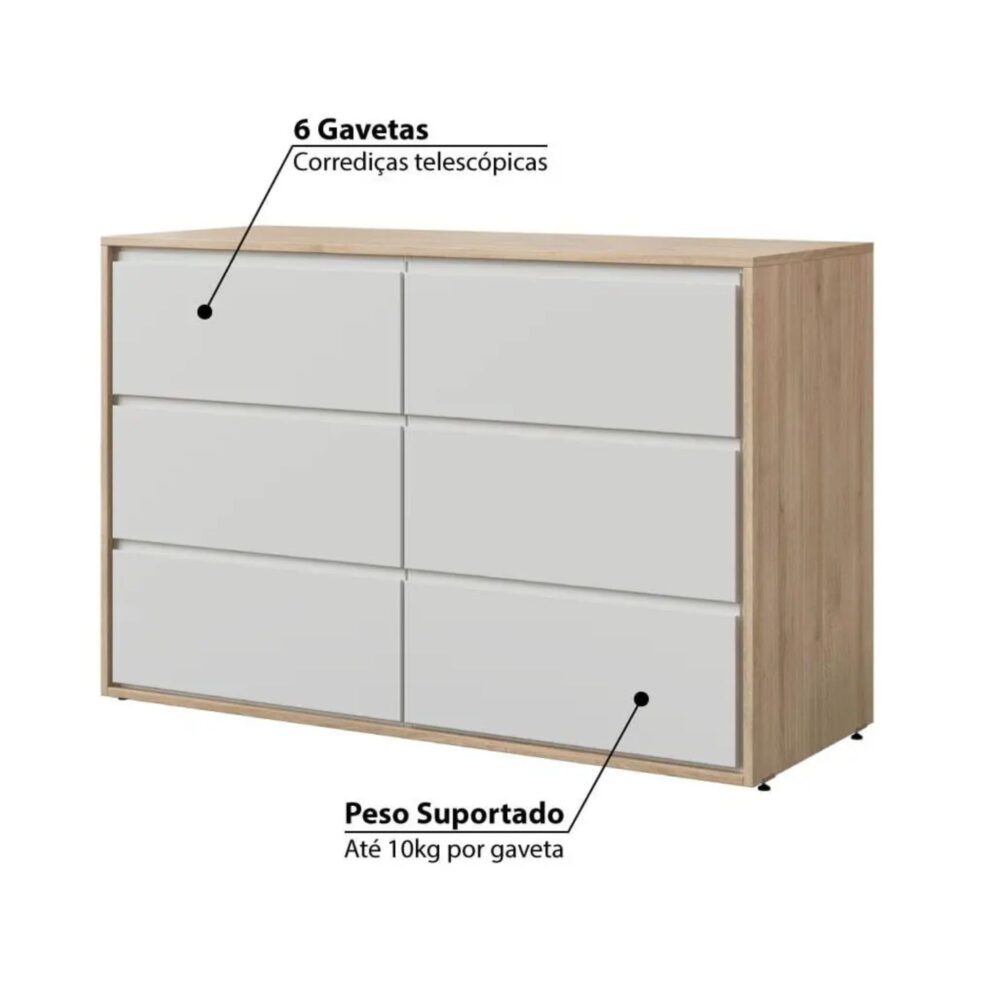 Cómoda de 6 cajones color blanco con treviso Mod. Wood de 138 x 90 x 54 cm - DIVICAR