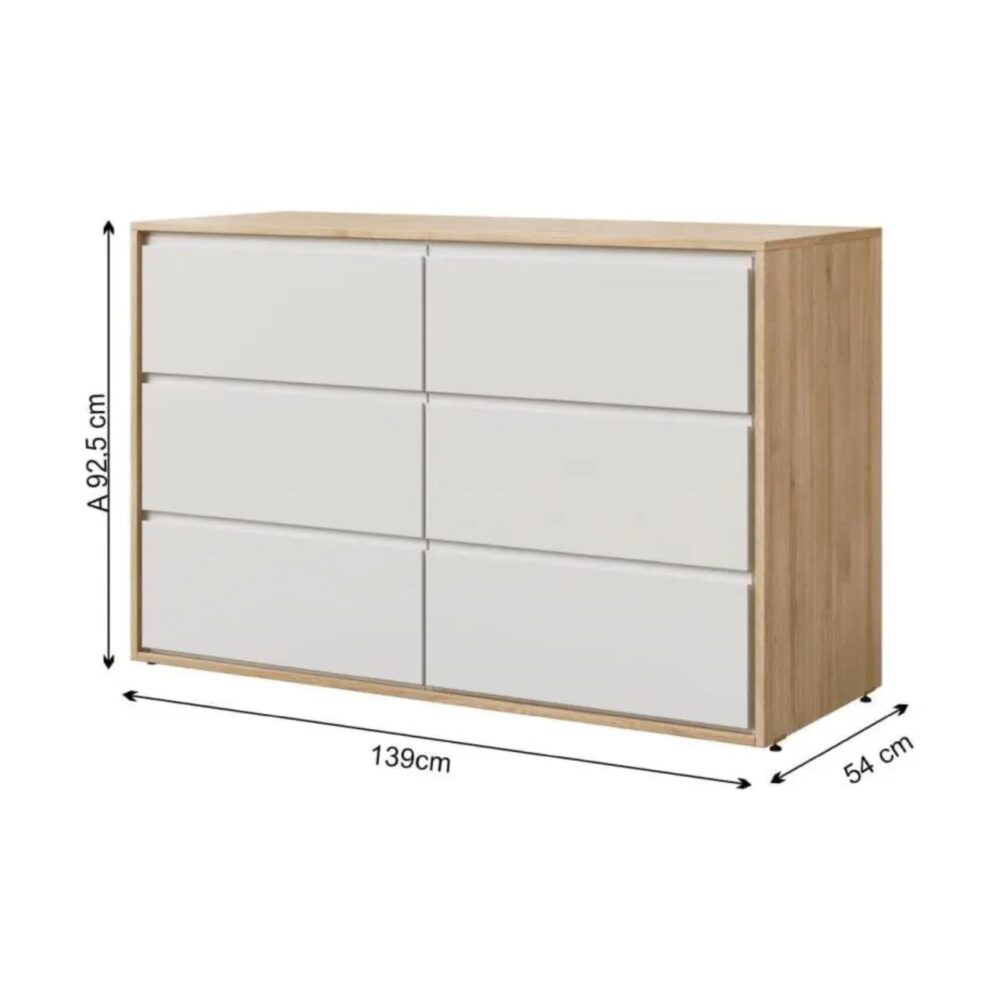 Cómoda de 6 cajones color blanco con treviso Mod. Wood de 138 x 90 x 54 cm - DIVICAR