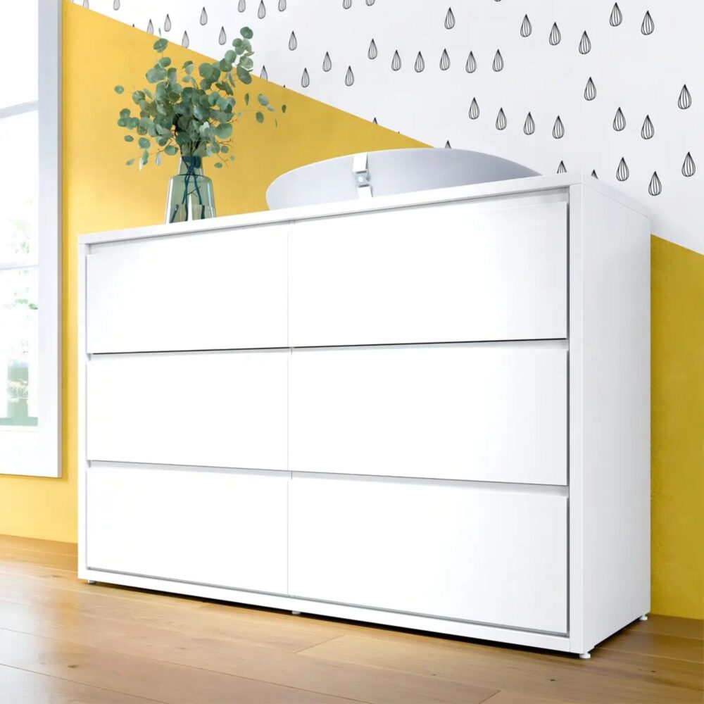 Cómoda de 6 cajones color blanco satinado Mod. Wood de 138 x 90 x 54 cm - DIVICAR