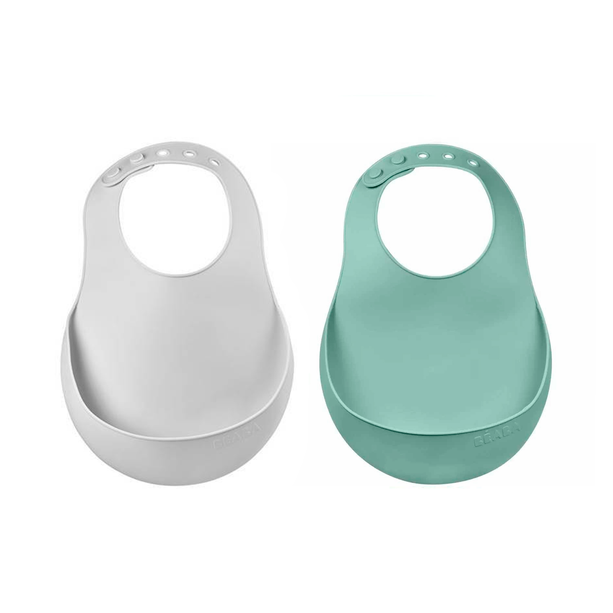 SET DE 2 BABEROS DE SILICONA CUELLO AJUSTABLE BEABA