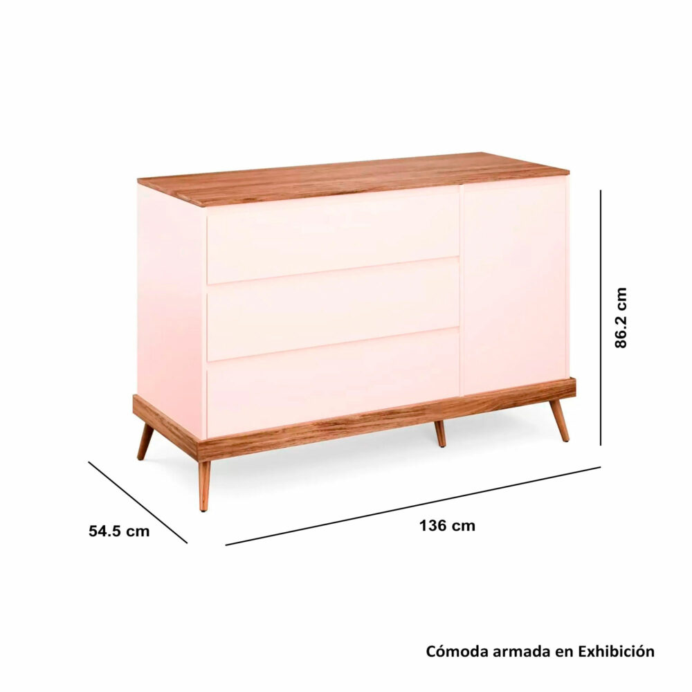 CÓMODA ROSADA 3 CAJONES Y 1 PUERTA MODELO NINAR 136 X 86 X 54 CM DIVICAR