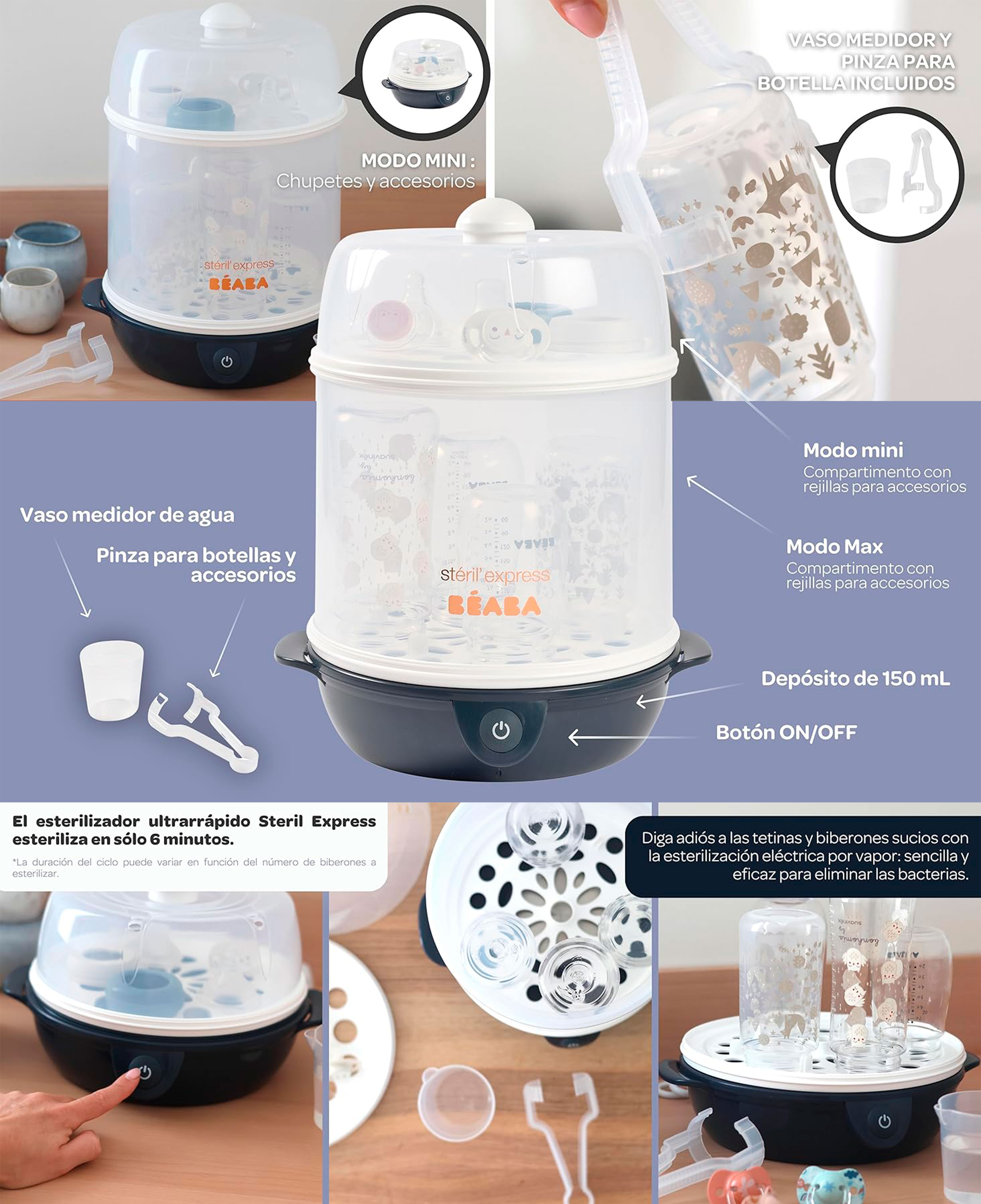 ESTERILIZADOR ELÉCTRICO PARA BIBERONES STERIL EXPRESS NIGHT BLUE BEABA ESTERILIZADOR ELÉCTRICO PARA BIBERONES STERIL EXPRESS NIGHT BLUE BEABA