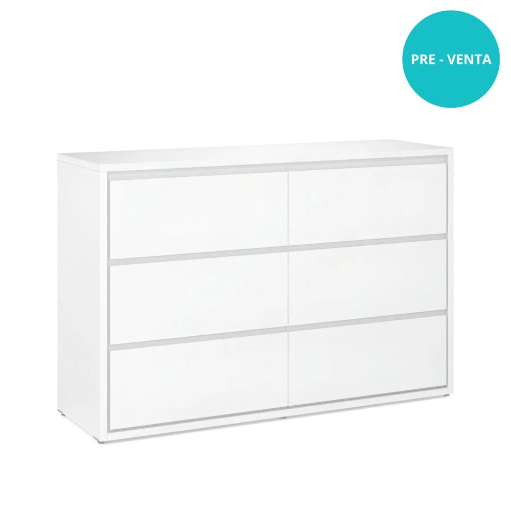 Cómoda de 6 cajones color blanco satinado Mod. Wood de 138 x 90 x 54 cm - DIVICAR