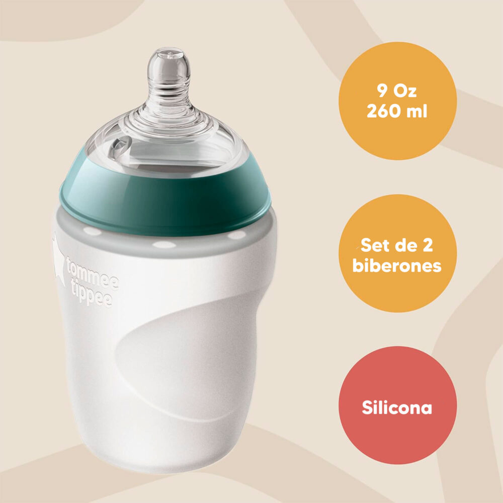 SET DE 2 BIBERONES DE SILICONA ANTICÓLICOS DE 9 ONZAS NATURAL STAR TOMMEE TIPPEE
