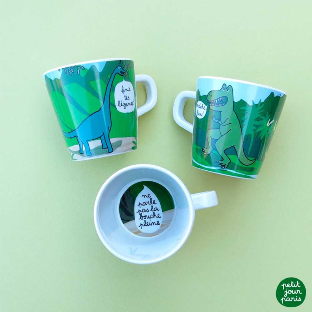 TAZA PEQUEÑA DE MELAMINA COLECCIÓN LES DINOSAURES »FINIS TES LÉGUMES …» PETIT JOUR