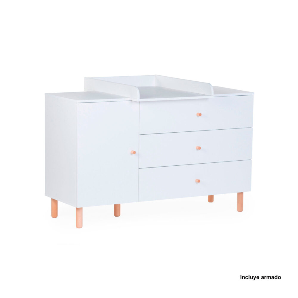 CÓMODA 3 CAJONES + 1 PUERTA + CAMBIADOR WONDER WHITE 130 X 70 CM CHILDHOME