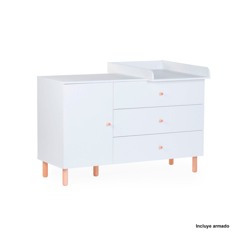 CÓMODA 3 CAJONES + 1 PUERTA + CAMBIADOR WONDER WHITE 130 X 70 CM CHILDHOME