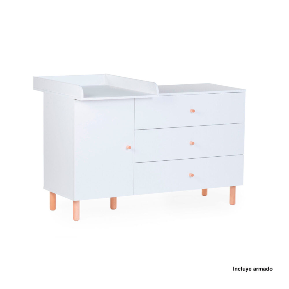 CÓMODA 3 CAJONES + 1 PUERTA + CAMBIADOR WONDER WHITE 130 X 70 CM CHILDHOME