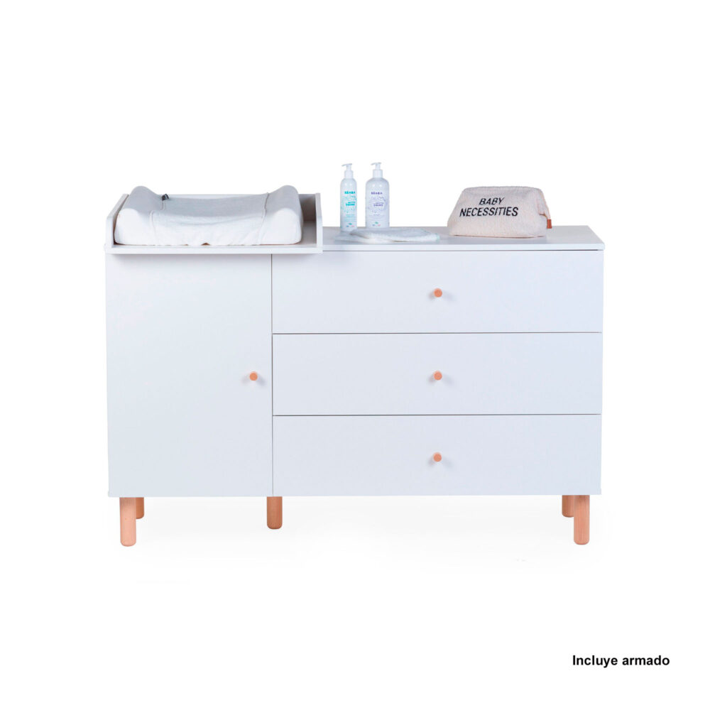 CÓMODA 3 CAJONES + 1 PUERTA + CAMBIADOR WONDER WHITE 130 X 70 CM CHILDHOME