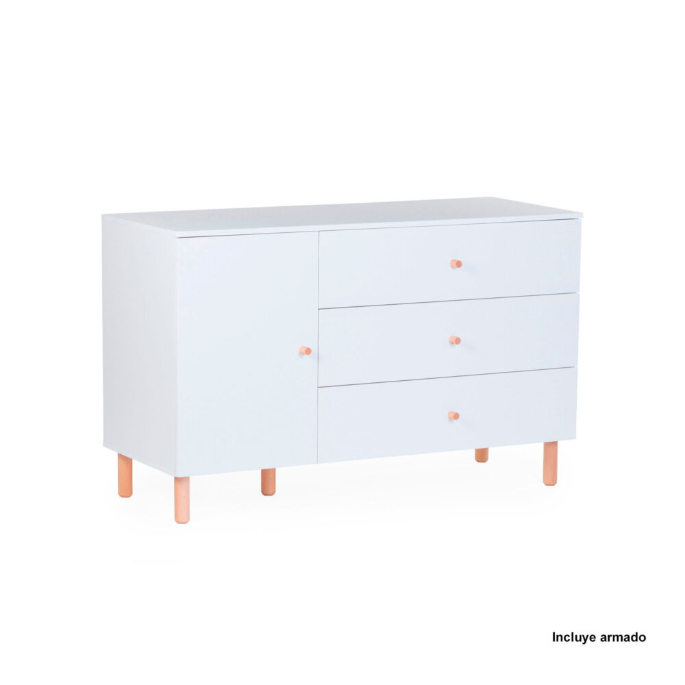 CÓMODA 3 CAJONES + 1 PUERTA + CAMBIADOR WONDER WHITE 130 X 70 CM CHILDHOME