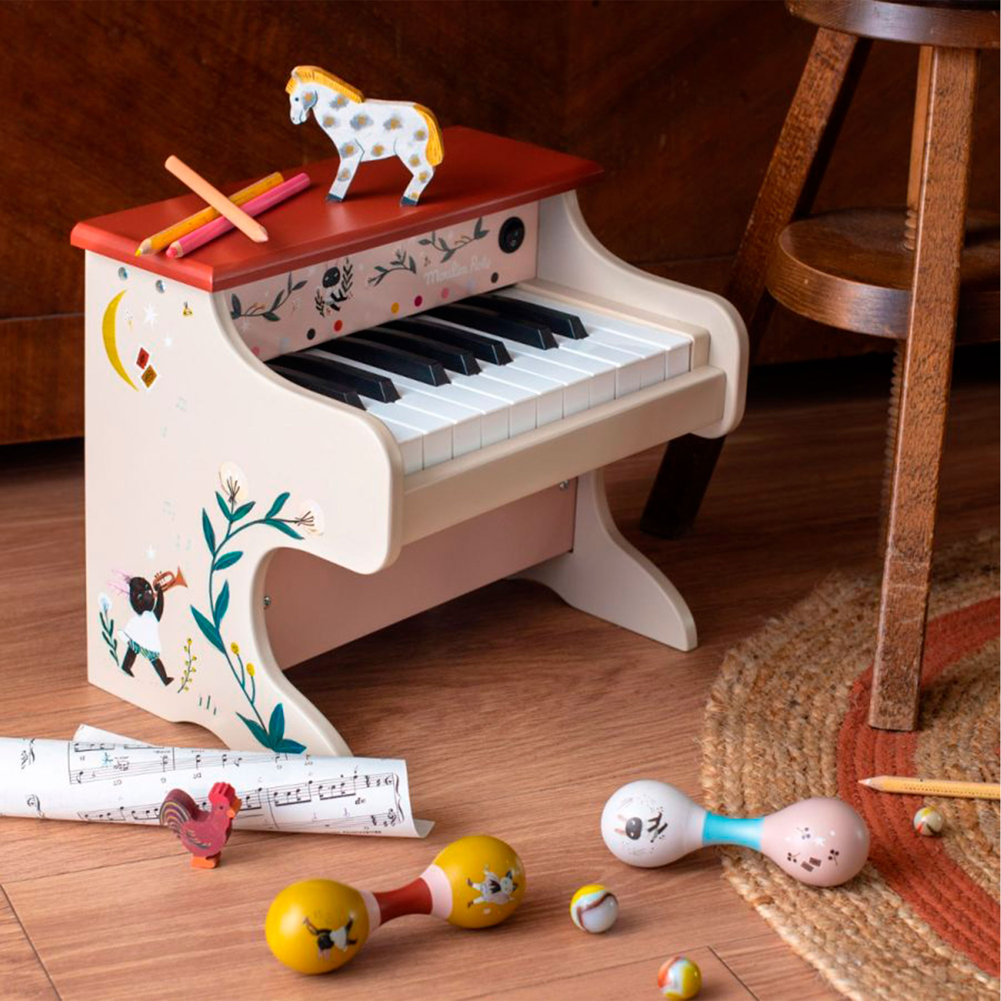 PIANO DE MADERA A PILAS PARA NINOS COLECCION APRES LA PLUIE para tu bebe Clementine Bastien SKU 715117