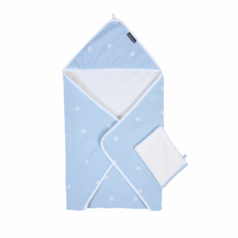 CAPA DE BAÑO PARA BEBÉS MUSELINA DE 80 X 80 CM FLOR AZUL CHILDHOME