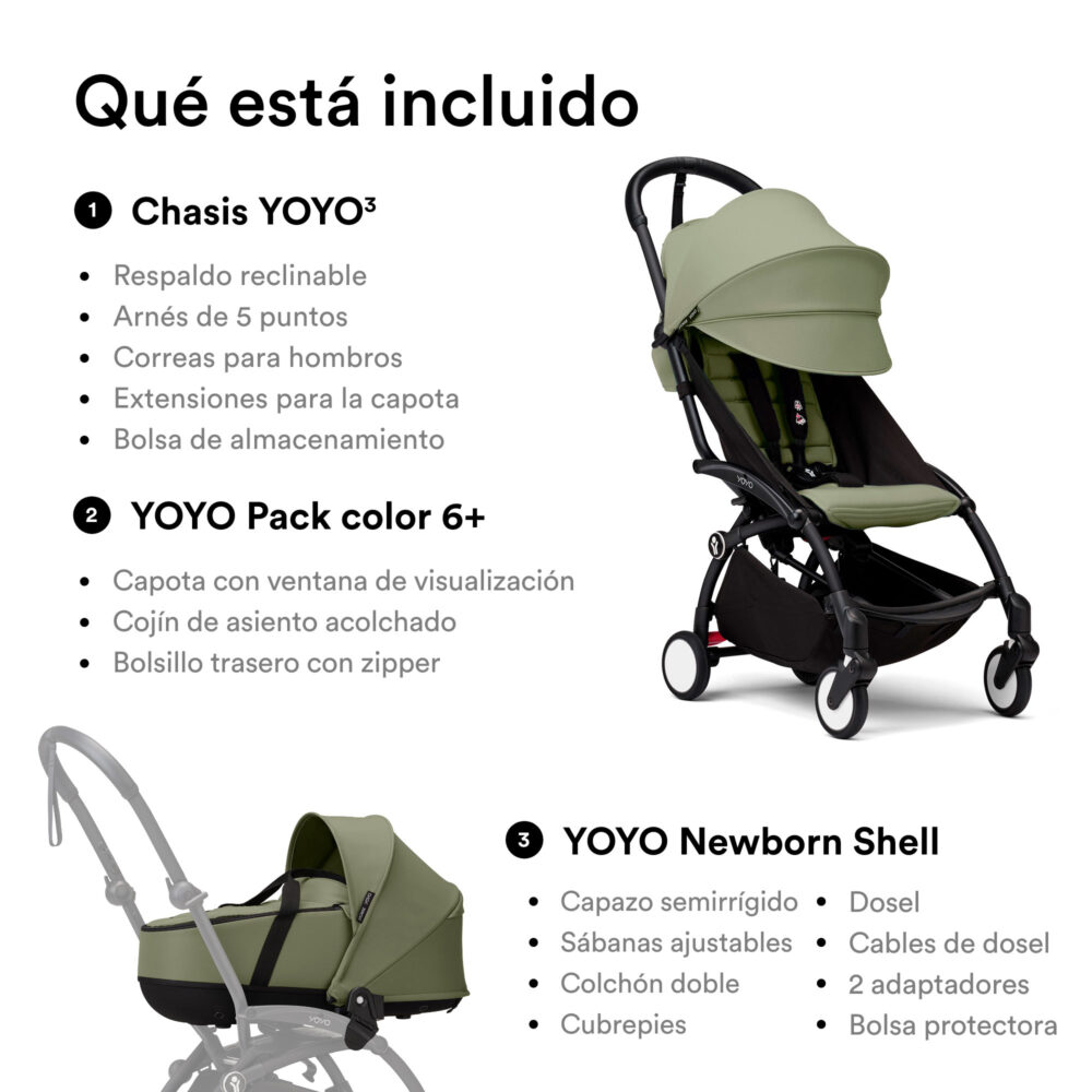 COCHE STOKKE YOYO³ COMPLETO CHASIS NEGRO CON BASSINET Y TEXTIL 2DA ETAPA - OLIVE YOYO
