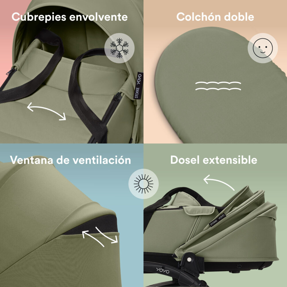 COCHE STOKKE YOYO³ COMPLETO CHASIS NEGRO CON BASSINET Y TEXTIL 2DA ETAPA - OLIVE YOYO