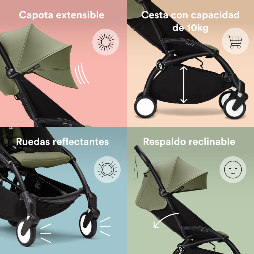 COCHE STOKKE YOYO³ COMPLETO CHASIS NEGRO CON BASSINET Y TEXTIL 2DA ETAPA - OLIVE YOYO