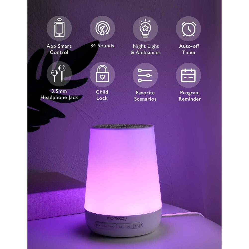 LÁMPARA DE SONIDOS Y RUIDO BLANCO INTELIGENTE PARA BEBÉS MOMCOZY