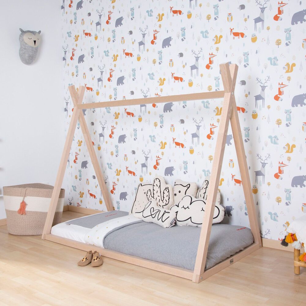 PACK CAMA TIPI DE MADERA NATURAL + FUNDA GRIS DE 90 X 200 CM CHILDHOME