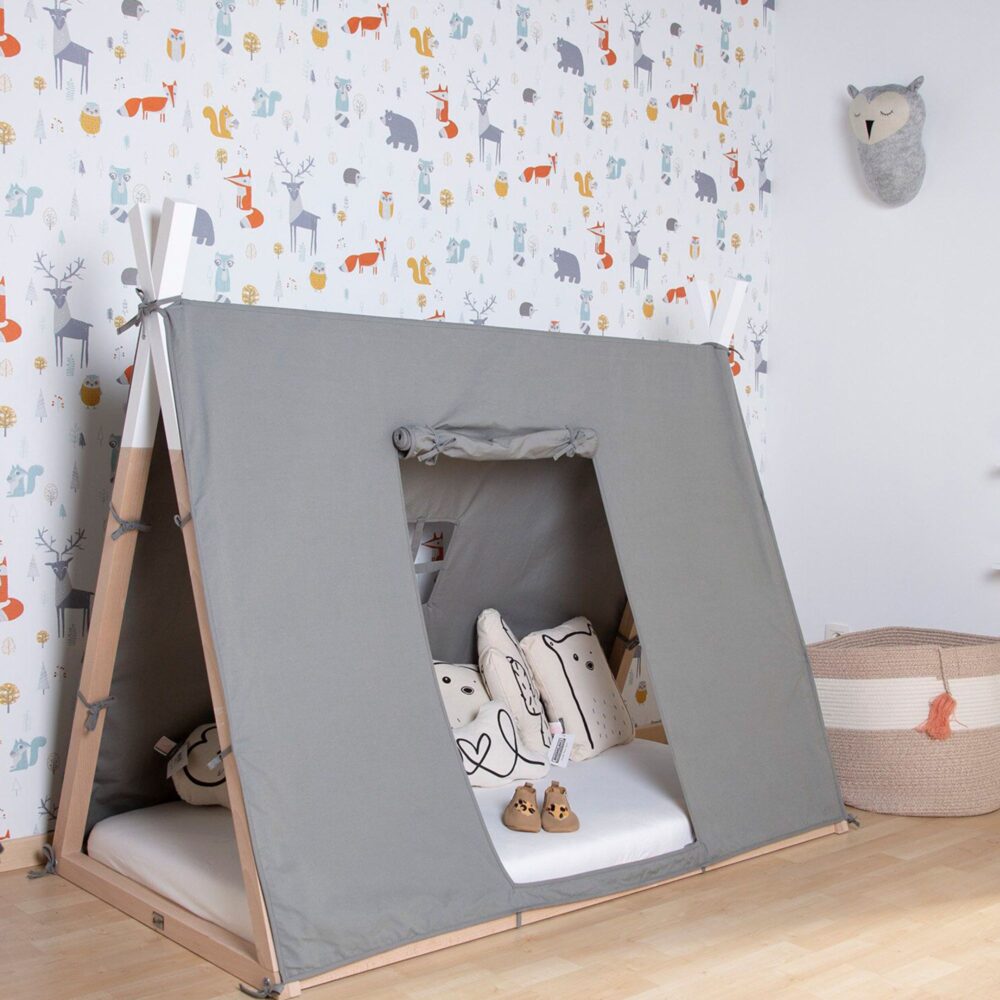 PACK CAMA TIPI DE MADERA NATURAL + FUNDA GRIS DE 140 X 70 CM CHILDHOME