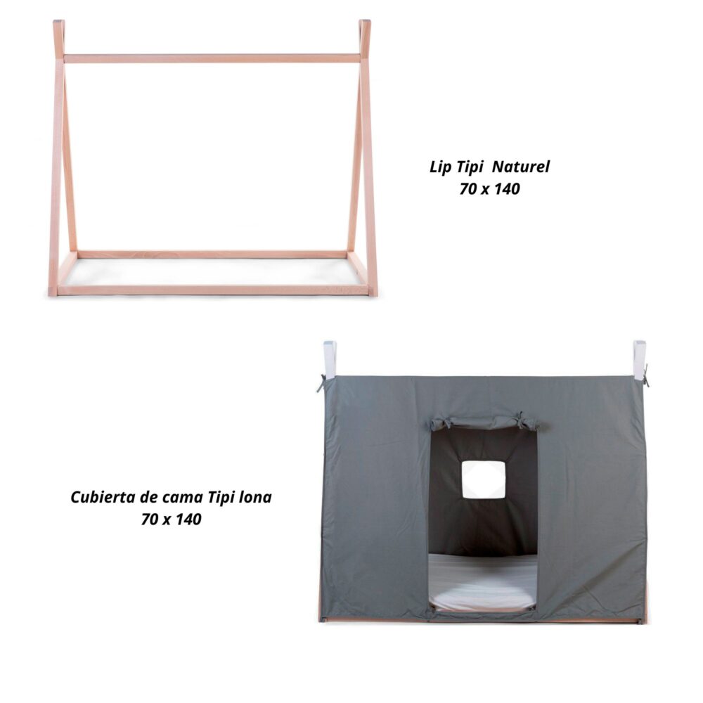 PACK CAMA TIPI DE MADERA NATURAL + FUNDA GRIS DE 140 X 70 CM CHILDHOME