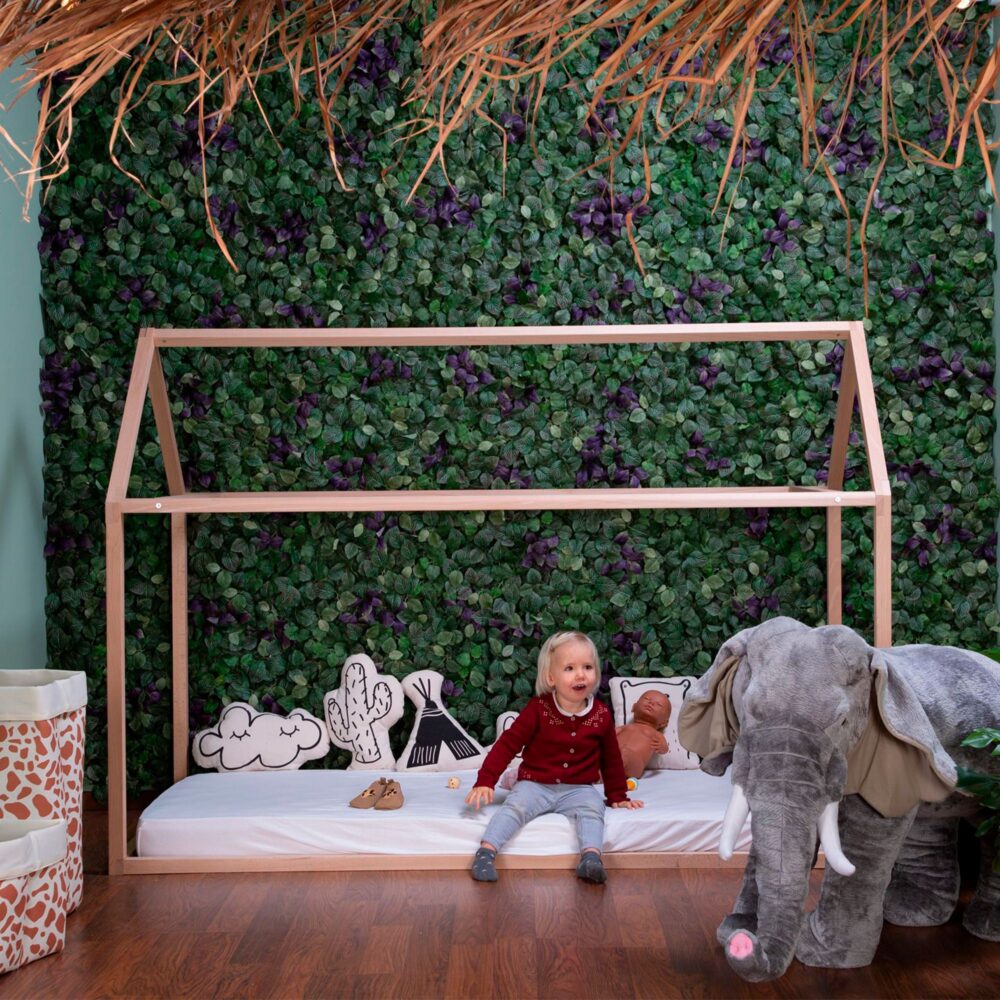 PACK CAMA JUNIOR LITTLE DE MADERA NATURAL + CUBIERTA PLOMA DE CASA DE 90 X 200 CM CHILDHOME