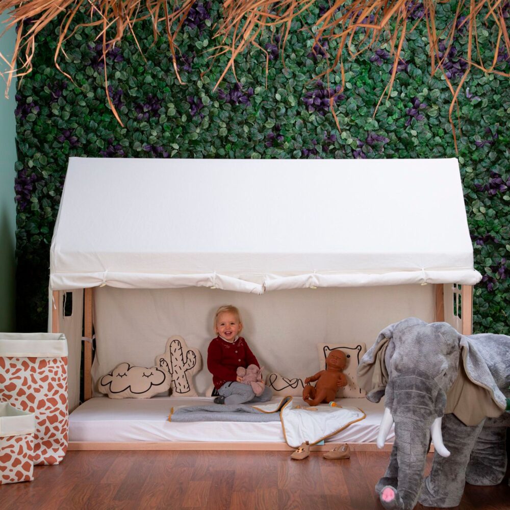 PACK CAMA JUNIOR LITTLE DE MADERA NATURAL + CUBIERTA PLOMA DE CASA DE 90 X 200 CM CHILDHOME