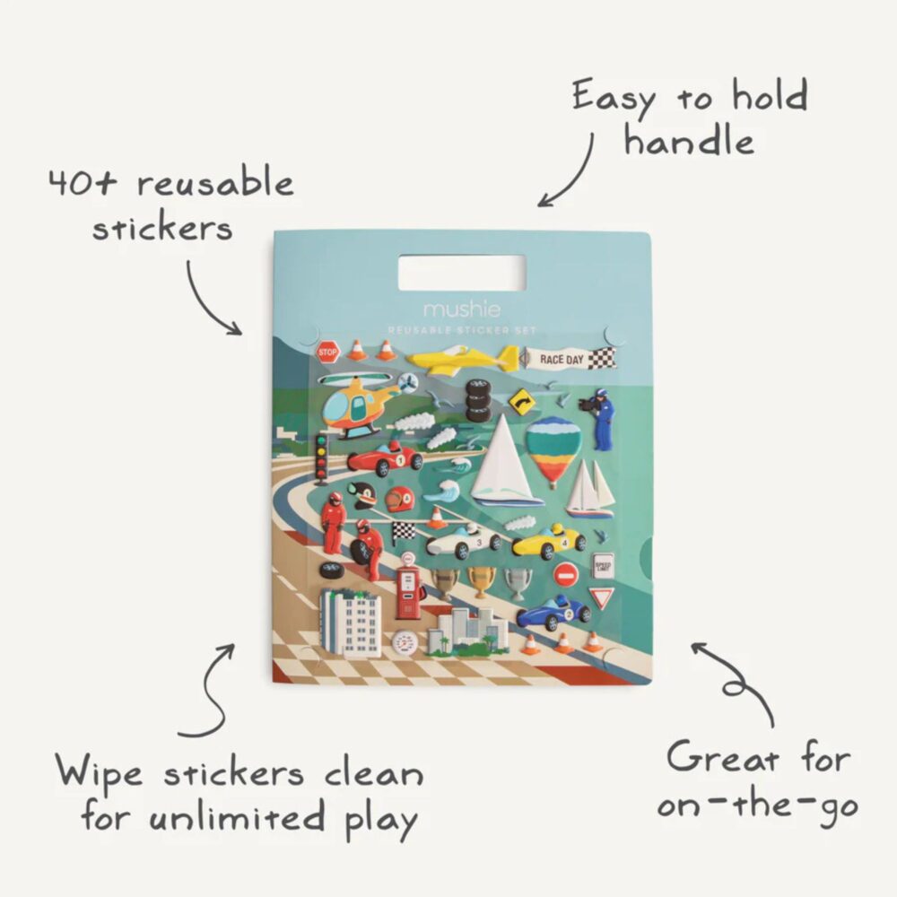 JUEGO DE PEGATINAS REUTILIZABLES DE COCHES DE CARRERA MUSHIE