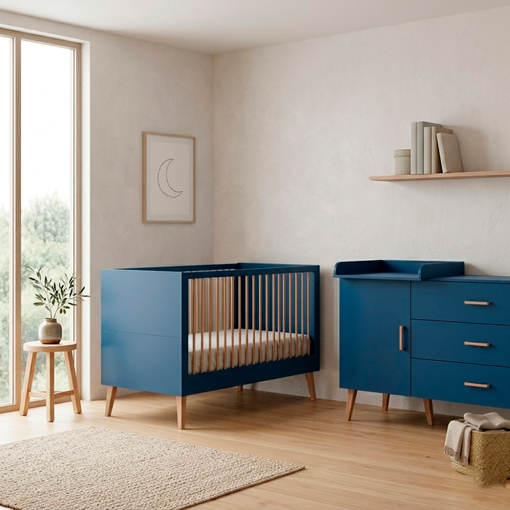 Pack habitación: Cuna + Somier Modelo BOLD BLUE + Cómoda CHILDHOME