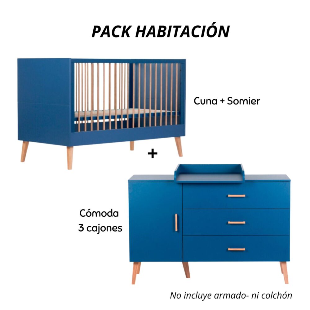 Pack habitación: Cuna + Somier Modelo BOLD BLUE + Cómoda CHILDHOME