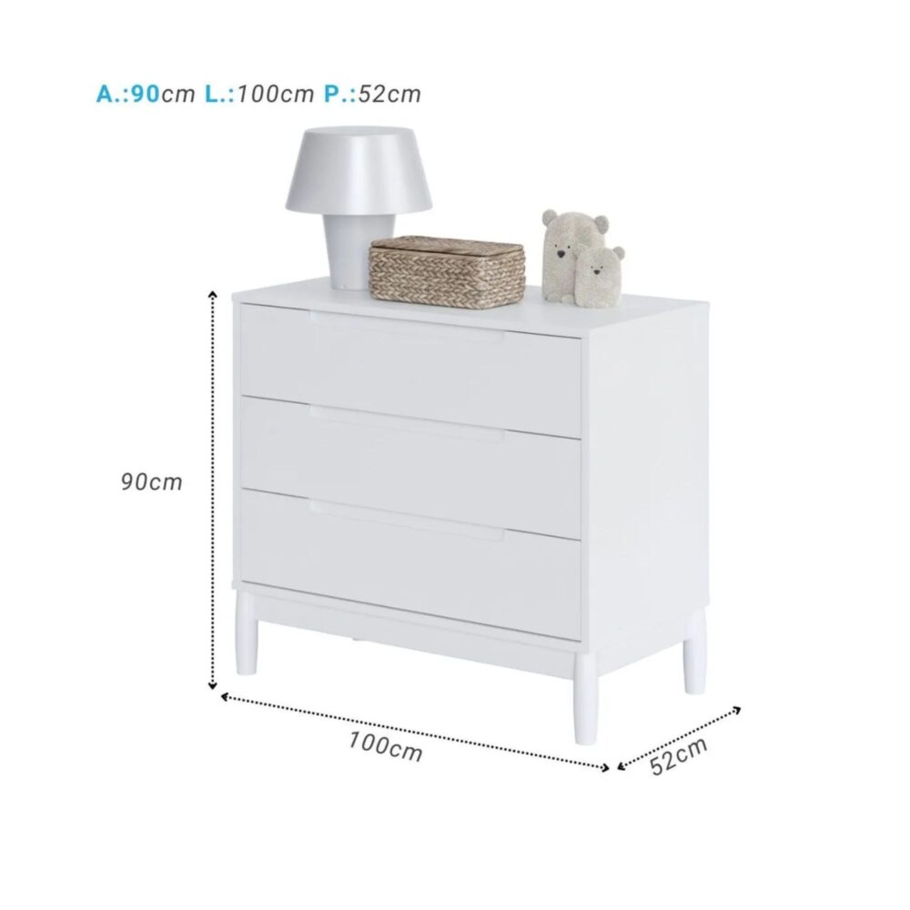 Cómoda blanca Mod. LION infantil de 3 cajones 90 x 100 x 52 cm - DIVICAR
