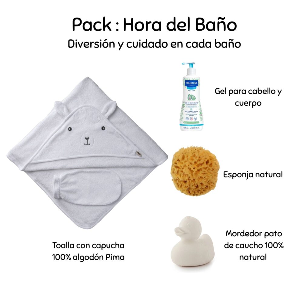 Pack Hora del Baño : Toalla + Gel cabello y cuerpo + esponja + mordedor