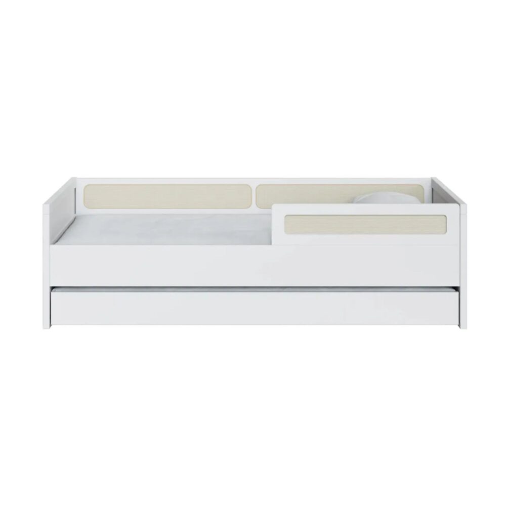 Cama individual con respaldo y detalles de malla de ratán de 57.4 x 195 x 96 cm + 2 colchones + escalera + deslizadero - DIVICAR