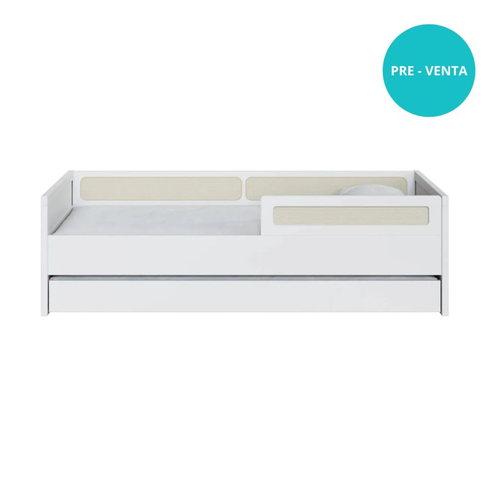 Cama individual con respaldo y detalles de malla de ratán de 57.4 x 195 x 96 cm + 2 colchones + escalera + deslizadero - DIVICAR