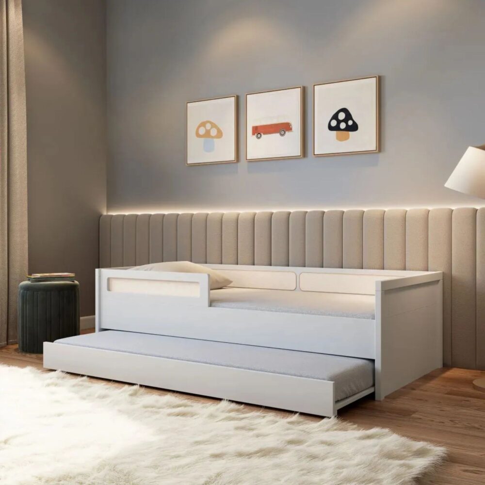 Cama individual con respaldo y detalles de malla de ratán de 57.4 x 195 x 96 cm + 2 colchones + escalera + deslizadero - DIVICAR