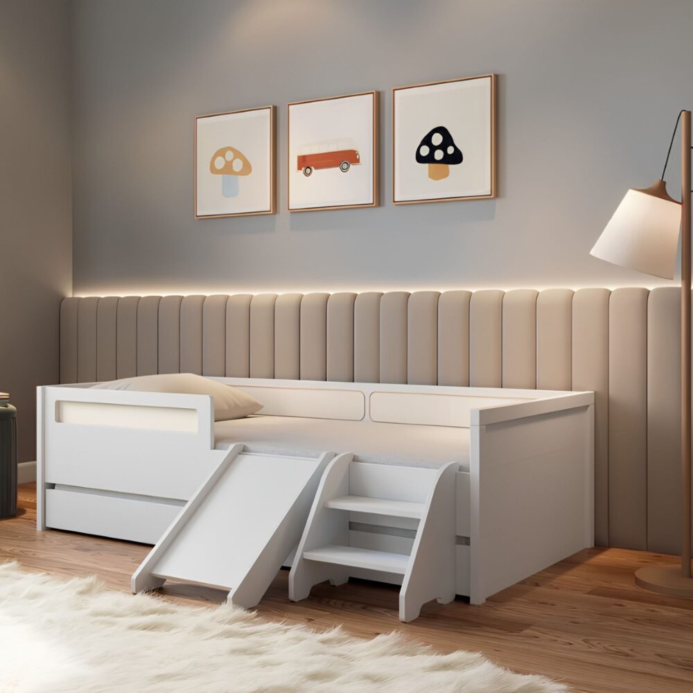 Cama individual con respaldo y detalles de malla de ratán de 57.4 x 195 x 96 cm + 2 colchones + escalera + deslizadero - DIVICAR