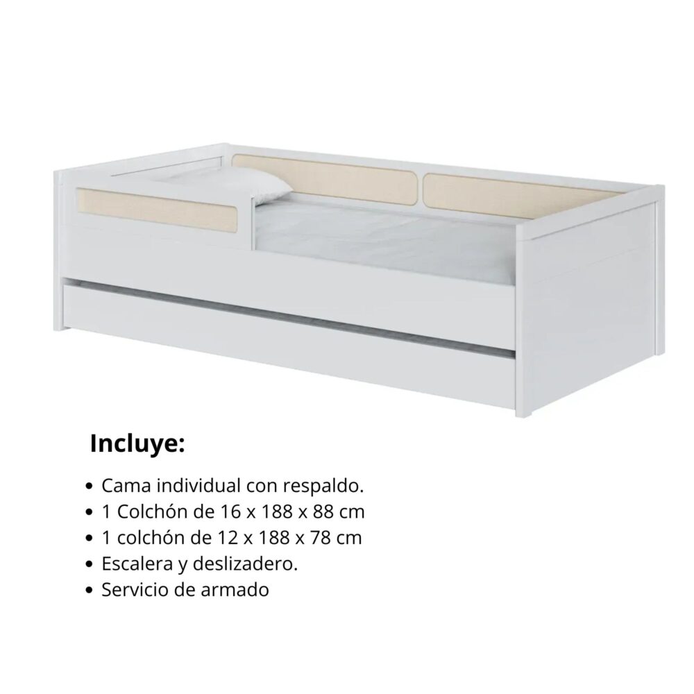 Cama individual con respaldo y detalles de malla de ratán de 57.4 x 195 x 96 cm + 2 colchones + escalera + deslizadero - DIVICAR