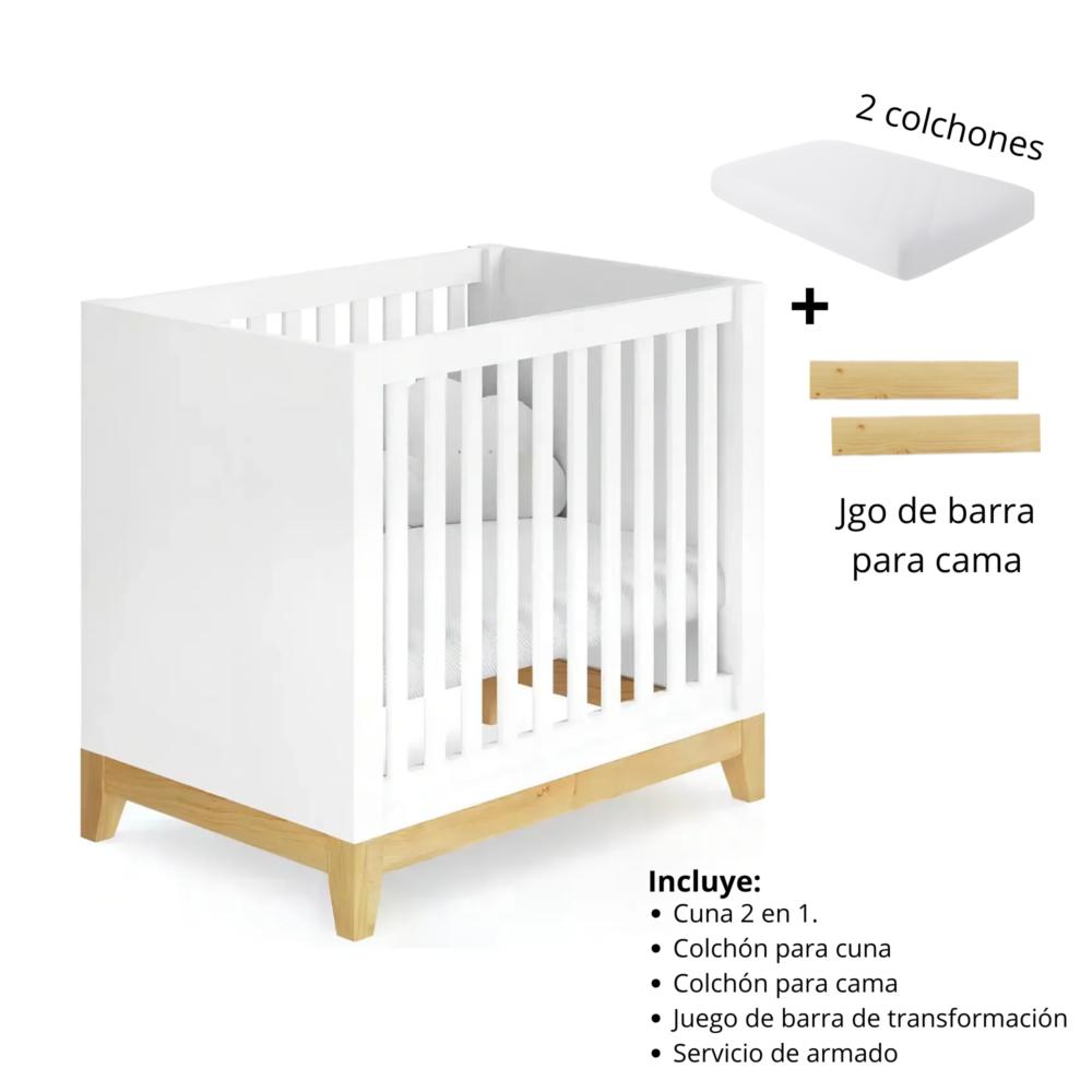 Cuna Amor Perfecto 2 en 1 + 2 colchones ( cuna y cama) + juego de extensión - DIVICAR
